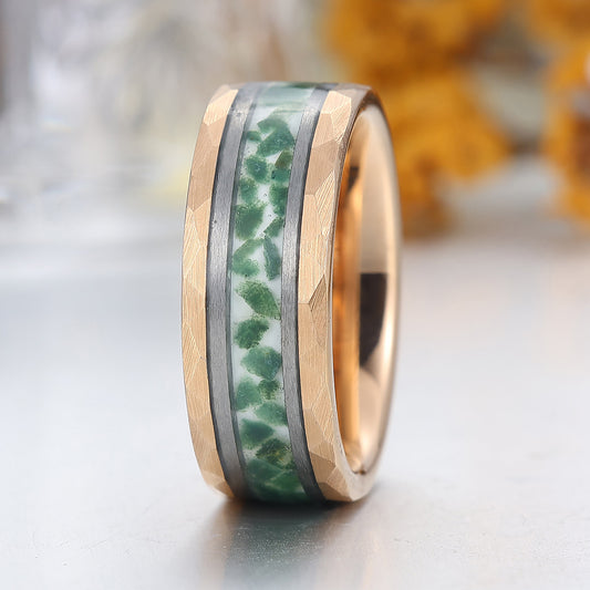 8mm Moss Agate Tungsten Men’ s Band Rose Gold Hammered Ring Green Gemstone Ring