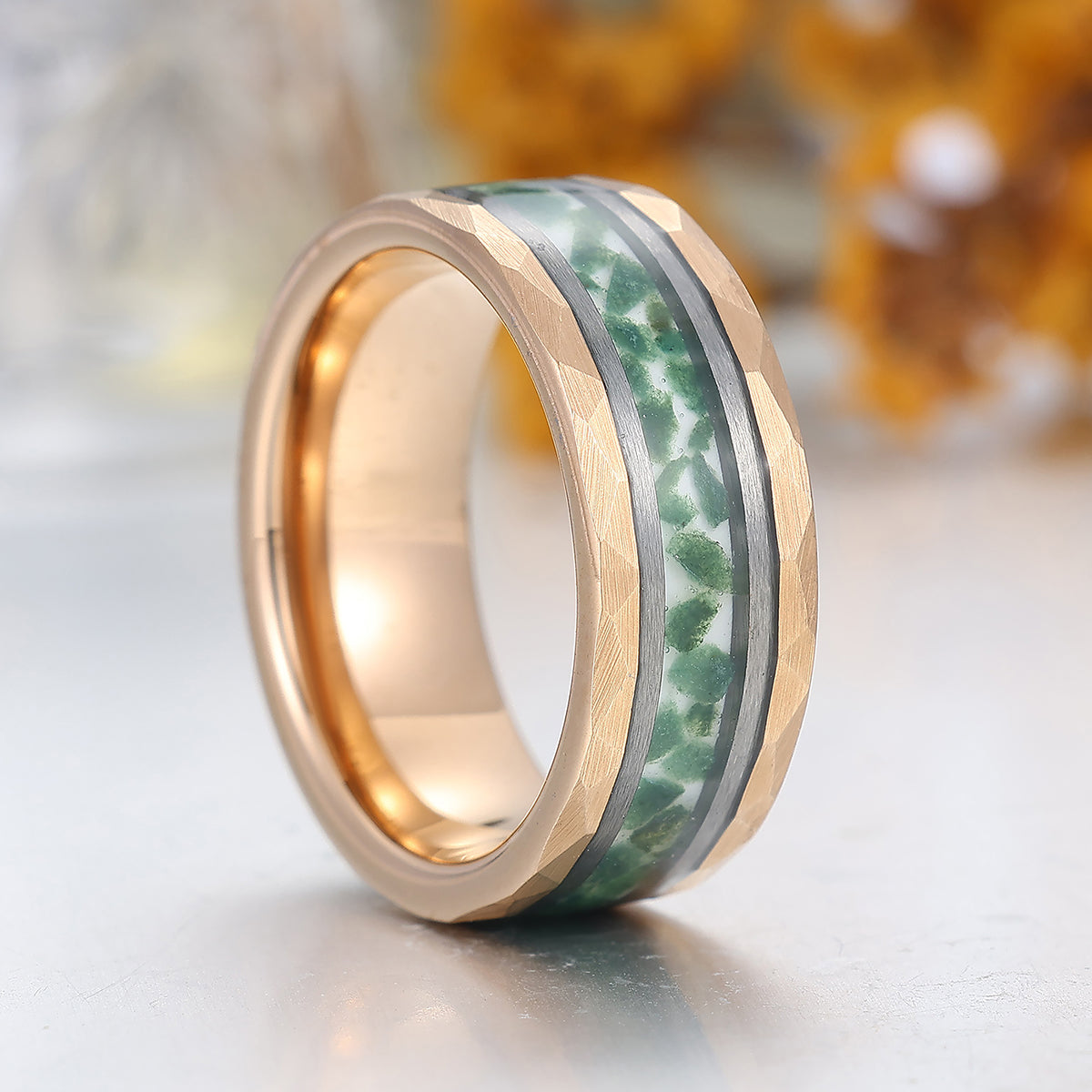 8mm Moss Agate Tungsten Men’ s Band Rose Gold Hammered Ring Green Gemstone Ring