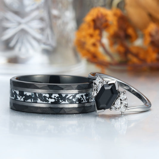 Noble Natural Black Onyx Accents Engagement Couples Ring Promise Wedding Bands For Men And Women