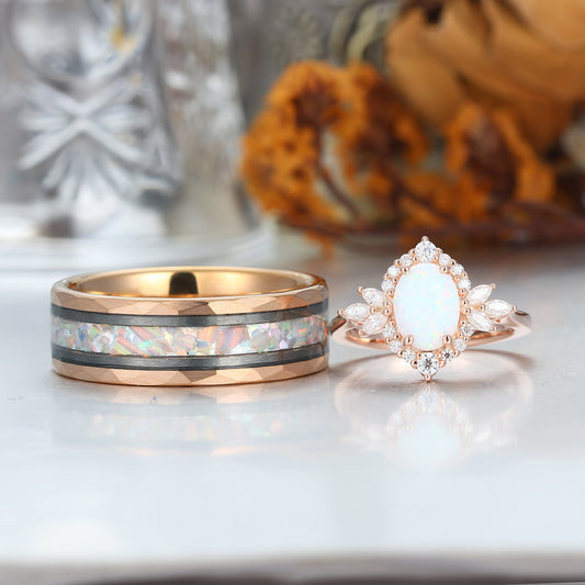 Retro Oval Pink White Opal Engagement Couple Rings Matching Tungsten His and Hers Wedding Promise Band