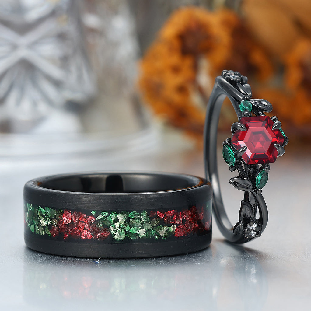 Red Garnet Sprigs Engagement Couple Rings Promise Green Tungsten Matching Wedding Rings