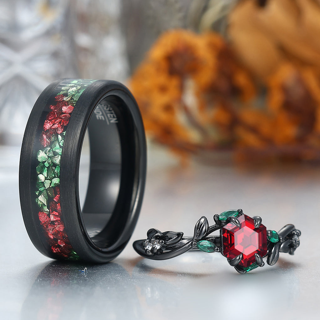 Red Garnet Sprigs Engagement Couple Rings Promise Green Tungsten Matching Wedding Rings