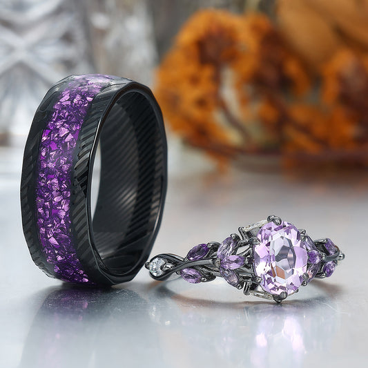 Art Deco Purple Amethyst Engagement Promise Couple Rings His and Hers Wedding Band