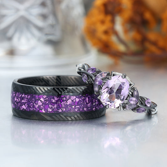 Art Deco Purple Amethyst Engagement Promise Couple Rings His and Hers Wedding Band