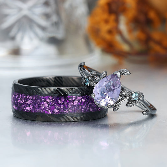 Unique Pear Cut Natural Amethyst Engagement Couples Ring Set For Wedding Gift