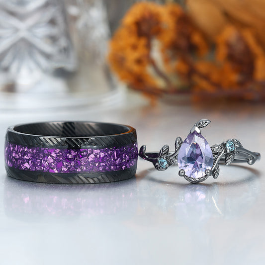 Unique Pear Cut Natural Amethyst Engagement Couples Ring Set For Wedding Gift