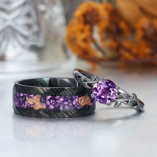 Solitaire Round Cut Amethyst Couples Ring Set Silver And Damascus Steel Matching Ring