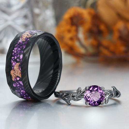 Solitaire Round Cut Amethyst Couples Ring Set Silver And Damascus Steel Matching Ring