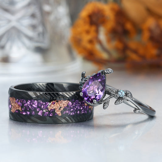 Unique Pear Cut Natural Amethyst Engagement Alexandrite Inlaid Couples Ring Set For Wedding Gift