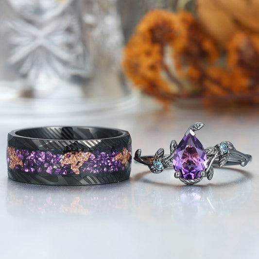 Unique Pear Cut Natural Amethyst Engagement Alexandrite Inlaid Couples Ring Set For Wedding Gift