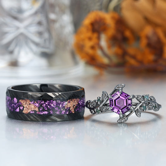 Retro Branches Purple Amethyst Engagement Couples Ring Set Matching Tungsten Promise Wedding Rings