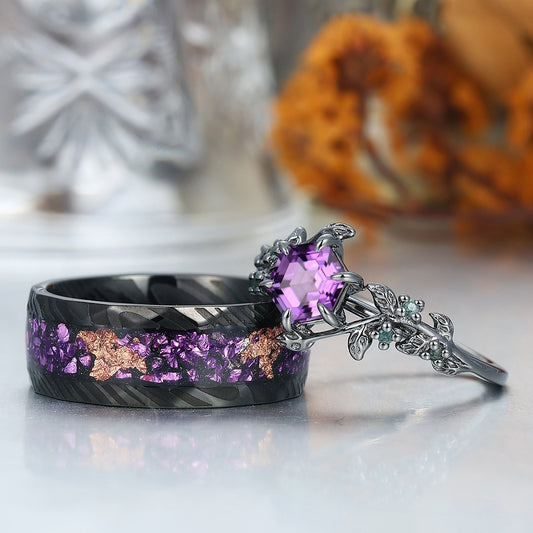 Retro Branches Purple Amethyst Engagement Couples Ring Set Matching Tungsten Promise Wedding Rings