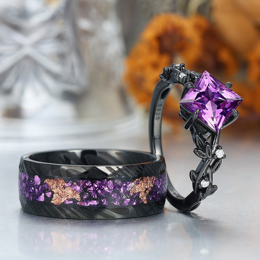 Interlaced Leaf Branches Amethyst Engagement Rings For Couples Matching Purple Damascus Steel Wedding Bands