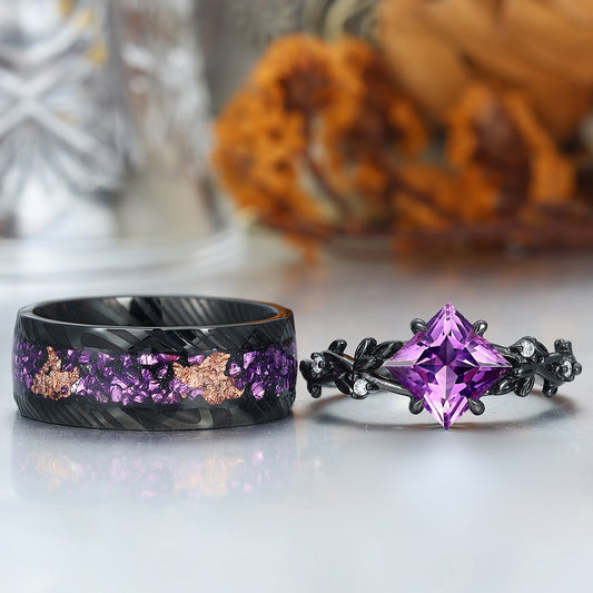 Interlaced Leaf Branches Amethyst Engagement Rings For Couples Matching Purple Damascus Steel Wedding Bands