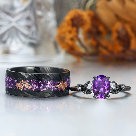 Unique Deep Purple Amethyst Engagement Branches Couples Ring Set Damascus Steel Matching Promise Rings