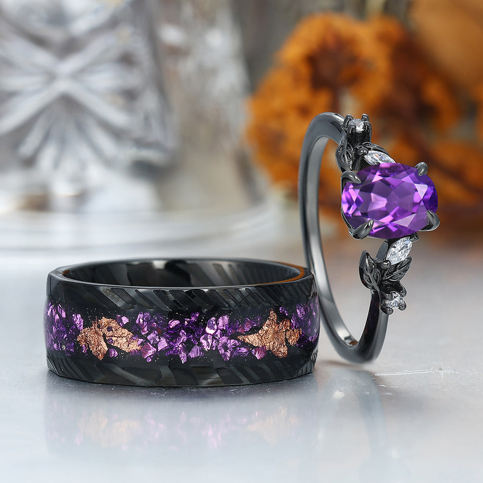 Unique Deep Purple Amethyst Engagement Branches Couples Ring Set Damascus Steel Matching Promise Rings