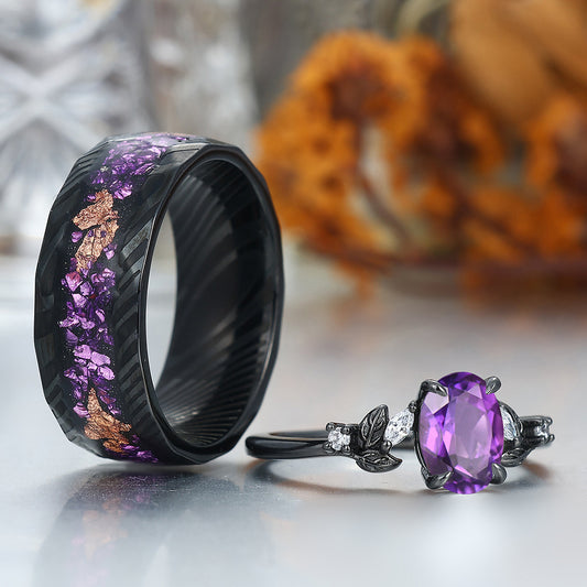 Unique Deep Purple Amethyst Engagement Branches Couples Ring Set Damascus Steel Matching Promise Rings