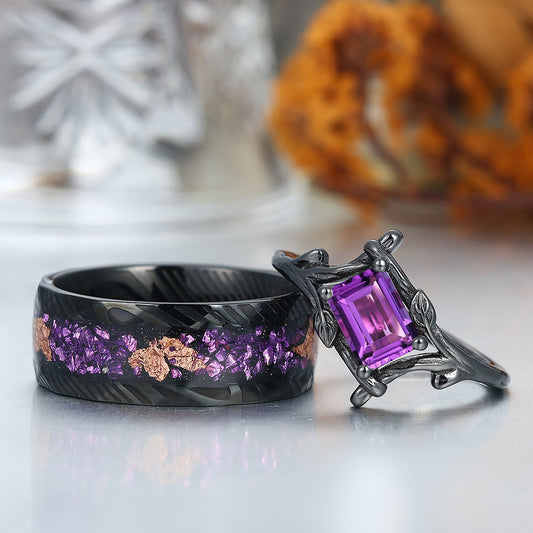 Branch Inspired Amethyst Embracing Engagement Couple Rings Purple His and Hers Ring Set