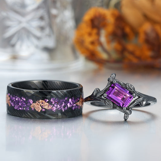 Branch Inspired Amethyst Embracing Engagement Couple Rings Purple His and Hers Ring Set