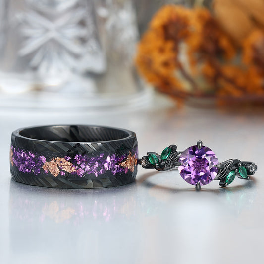 Exquisite Amethyst Leaf Motifs Engagement Couple Rings Promise Matching Crushed Purple Ring