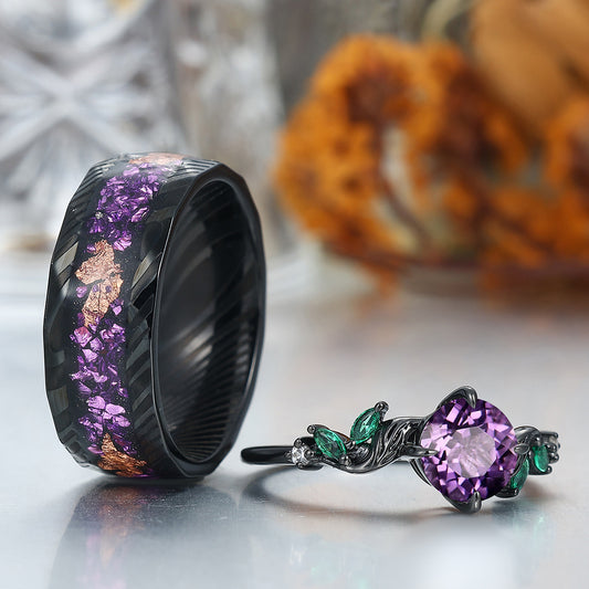 Exquisite Amethyst Leaf Motifs Engagement Couple Rings Promise Matching Crushed Purple Ring