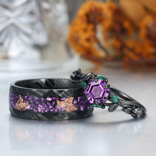 Nature-inspired Design Amethyst Sprig Engagement Rings Set For Couples Matching Promise Rings Couples Set