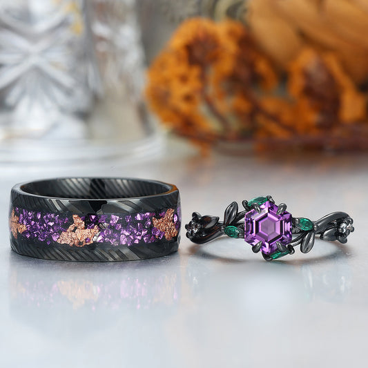 Nature-inspired Design Amethyst Sprig Engagement Rings Set For Couples Matching Promise Rings Couples Set