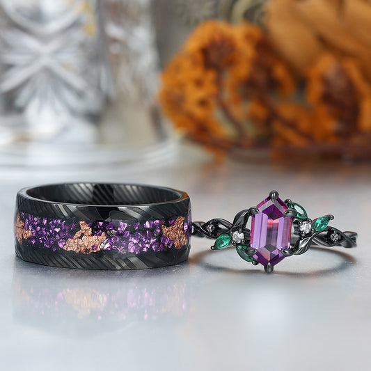 Gorgeous Natural  Amethyst Curved Leaf Motifs Couple Rings S925 And Hammered Green Damascus Steel Couples' Set