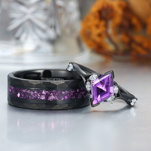 Stylish Rhombus Amethyst His And Her Wedding Bands Matching Hammered Personalized Couples' Set