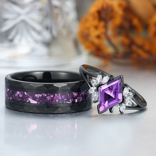 Artsy Amethyst Milgrain Ring Set For Couples Promise Blue Tungsten His and Hers Wedding Bands