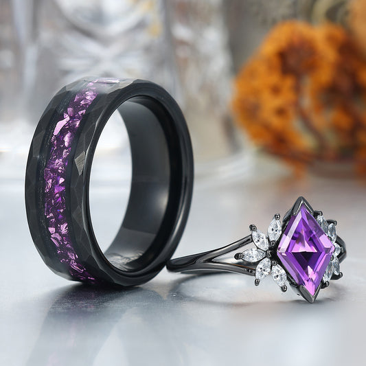 Artsy Amethyst Milgrain Ring Set For Couples Promise Blue Tungsten His and Hers Wedding Bands
