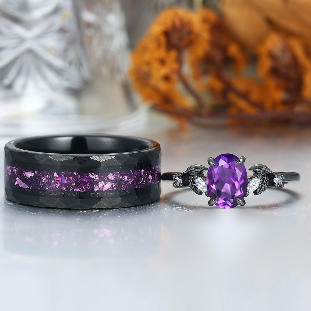 Dainty Natural Amethyst Leaves Couples Ring Set  Amethyst Tungsten  Inlay Matching Ring