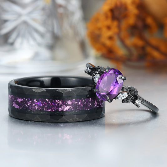 Dainty Natural Amethyst Leaves Couples Ring Set  Amethyst Tungsten  Inlay Matching Ring