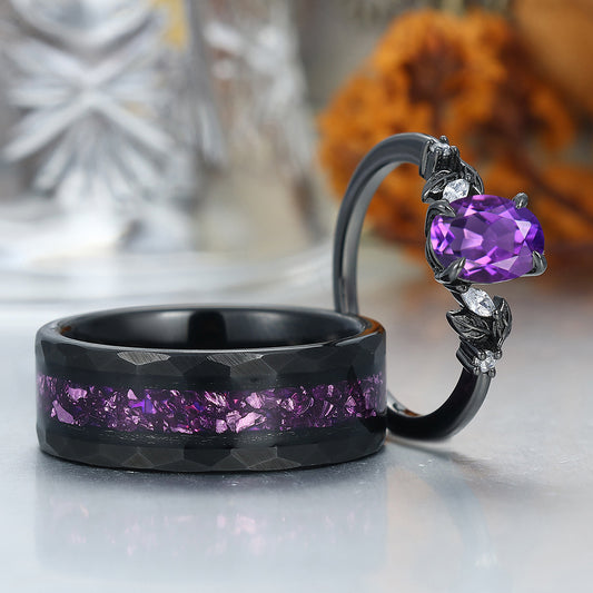 Dainty Natural Amethyst Leaves Couples Ring Set  Amethyst Tungsten  Inlay Matching Ring