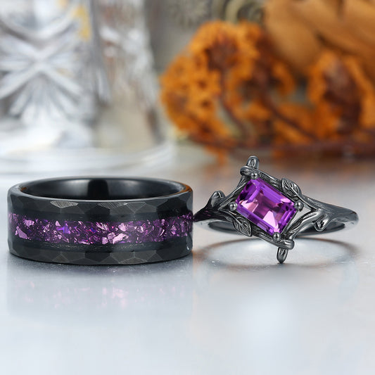 Branch Inspired Amethyst Embracing Couple Rings Purple His and Hers Ring Set