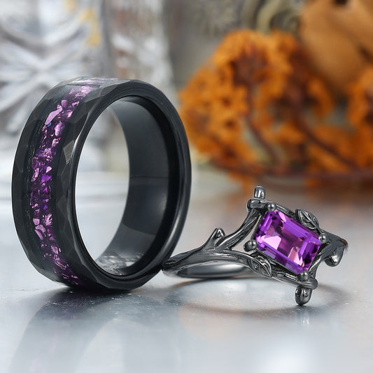 Branch Inspired Amethyst Embracing Couple Rings Purple His and Hers Ring Set