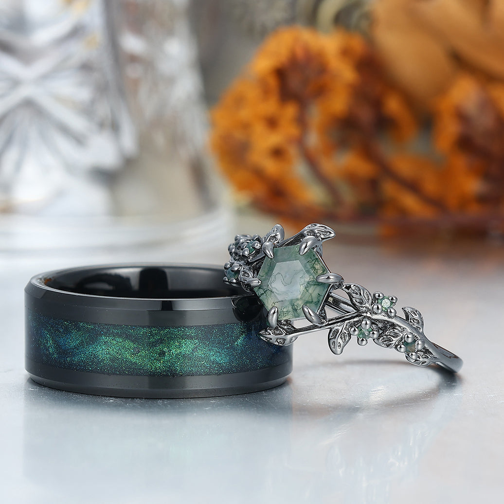 Moss Agate Engagement Couple Rings Galaxy Quicksand Inlay Tungsten Matching Wedding Rings