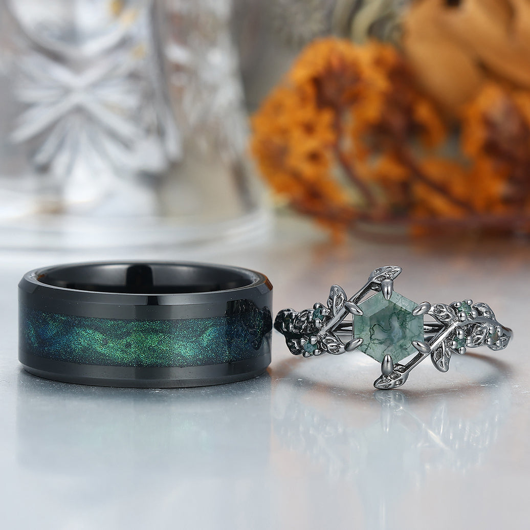 Moss Agate Engagement Couple Rings Galaxy Quicksand Inlay Tungsten Matching Wedding Rings