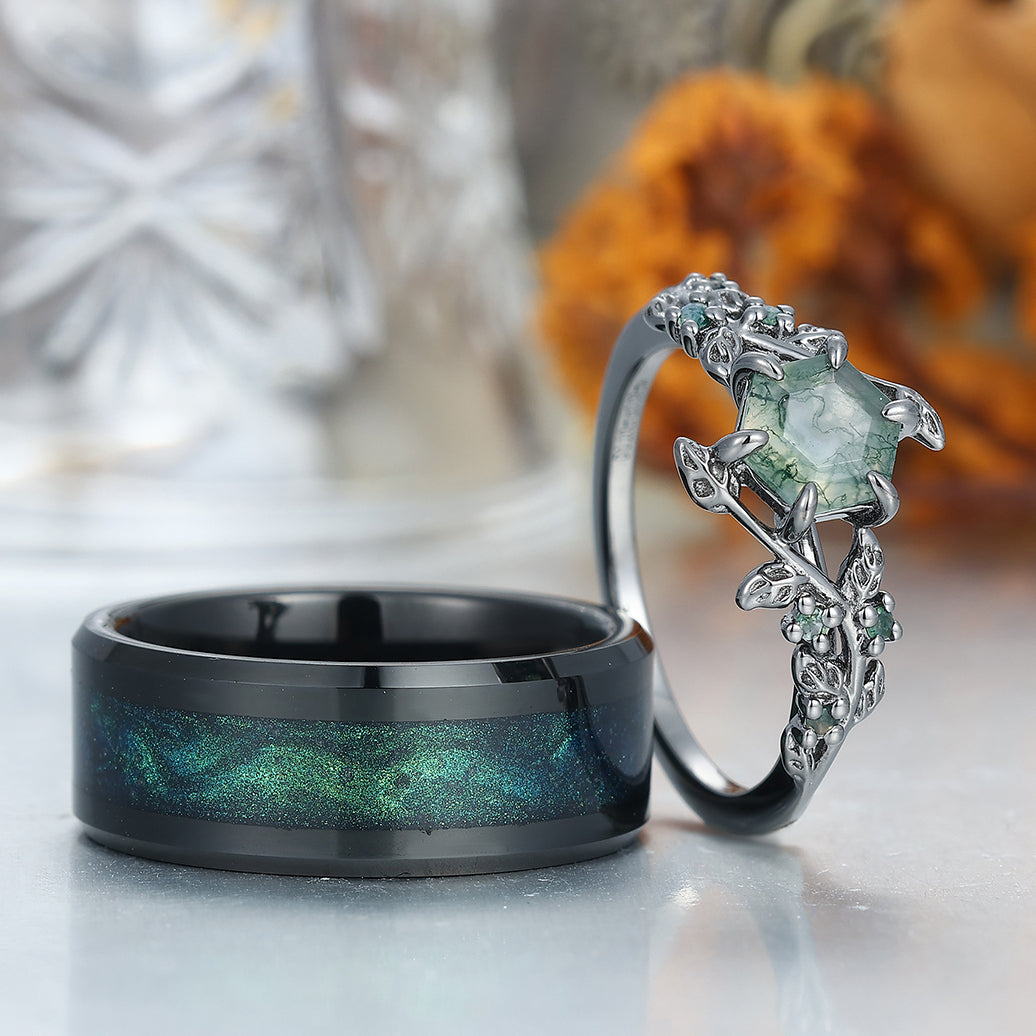Moss Agate Engagement Couple Rings Galaxy Quicksand Inlay Tungsten Matching Wedding Rings
