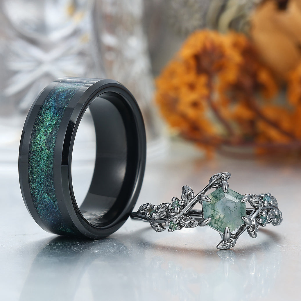 Moss Agate Engagement Couple Rings Galaxy Quicksand Inlay Tungsten Matching Wedding Rings
