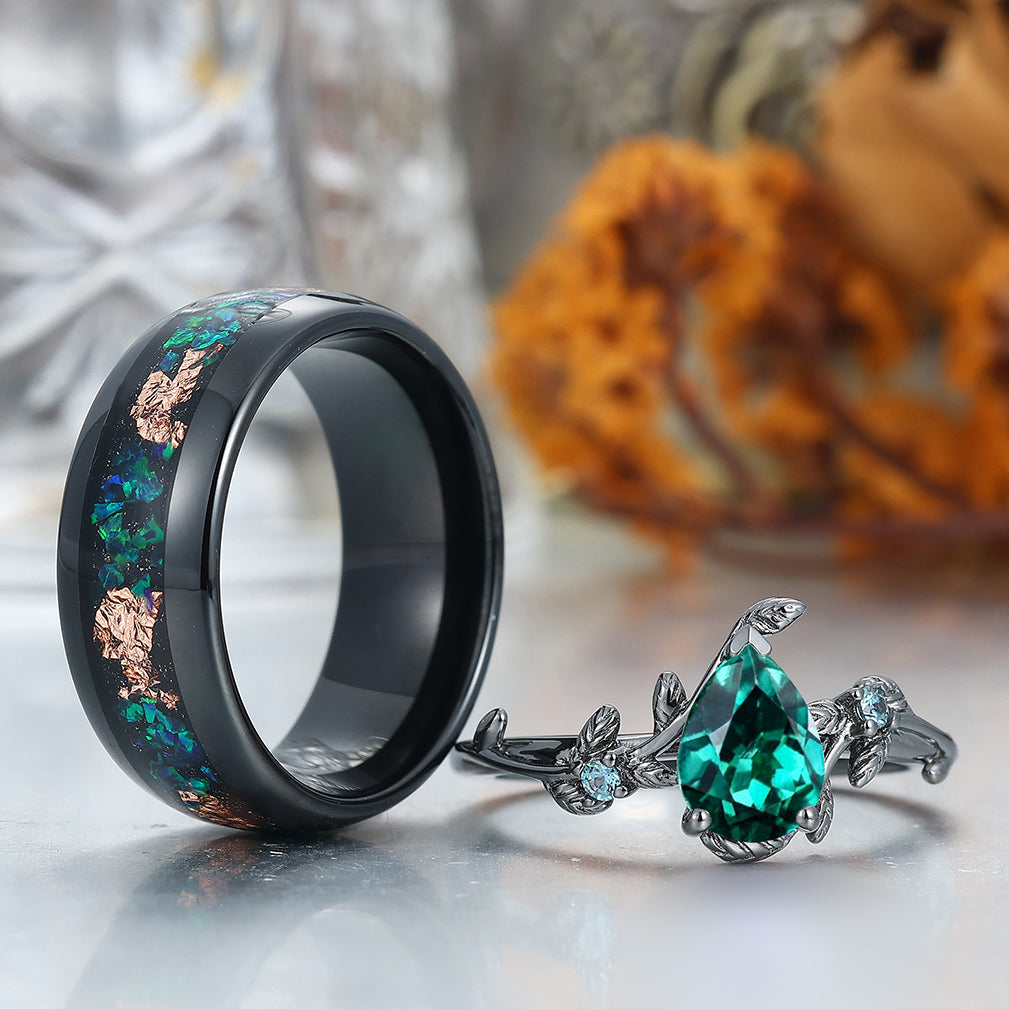 Classic Pear Lab Emerald Leaves Vines Engagement Couple Rings Wedding Bands For Men And Women
