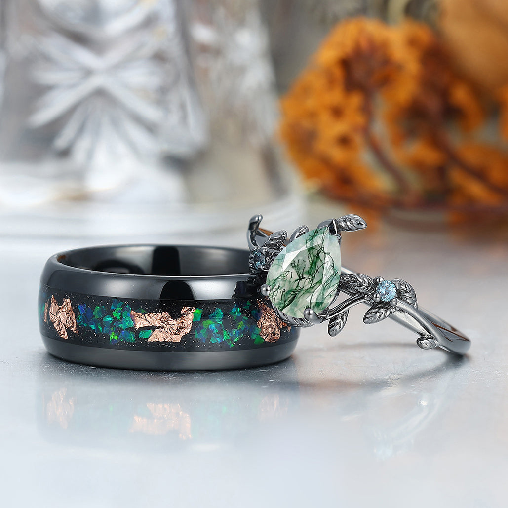 Classic Pear Emerald Leaves Vines Engagement Couple Rings Wedding Bands For Men And Women