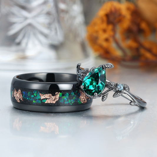 Classic Pear Lab Emerald Leaves Vines Engagement Couple Rings Wedding Bands For Men And Women