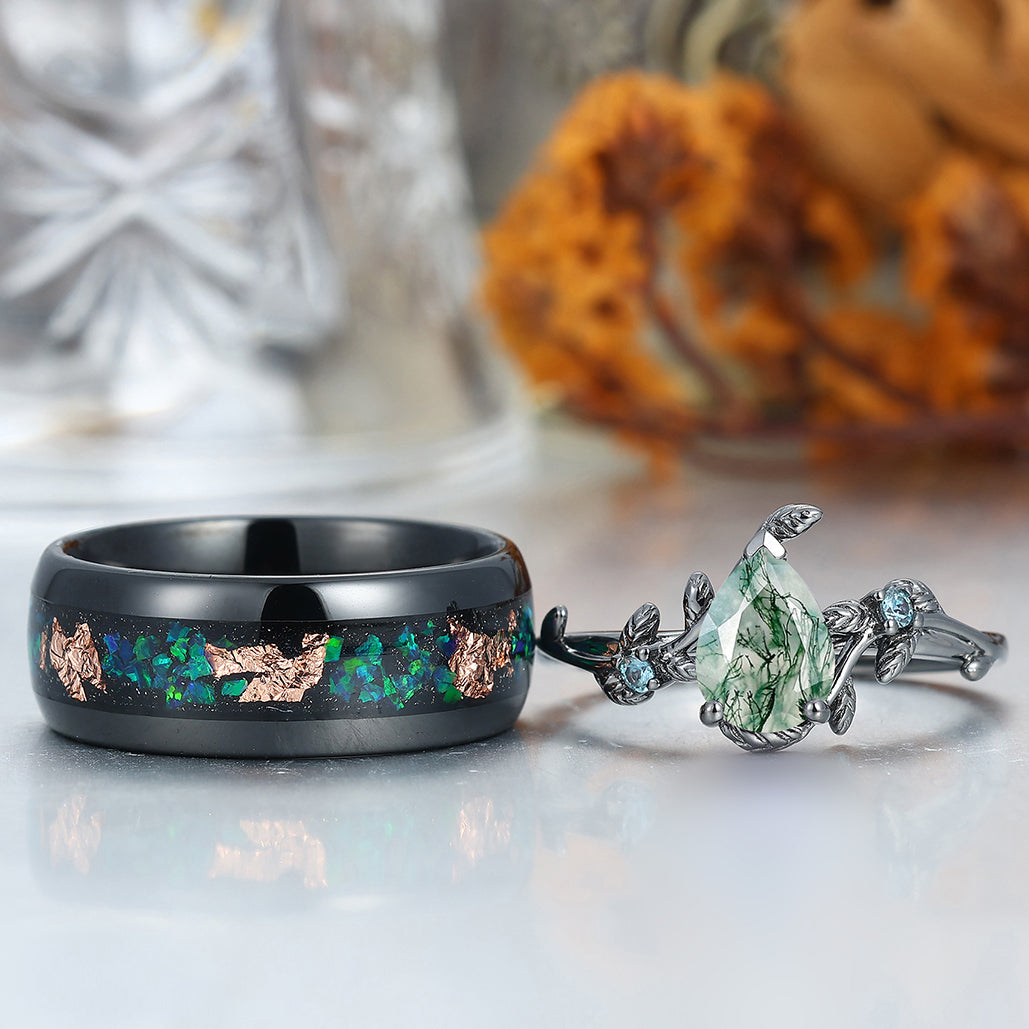 Classic Pear Emerald Leaves Vines Engagement Couple Rings Wedding Bands For Men And Women