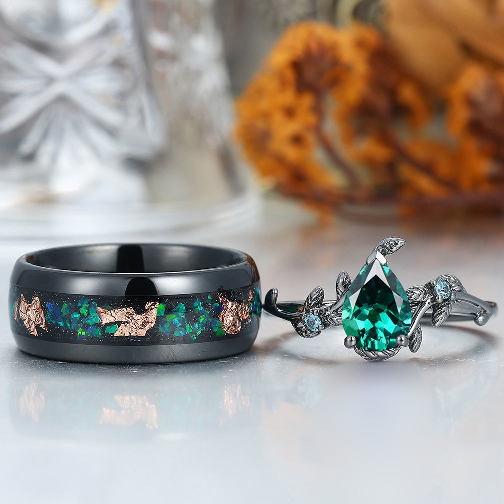 Classic Pear Lab Emerald Leaves Vines Engagement Couple Rings Wedding Bands For Men And Women