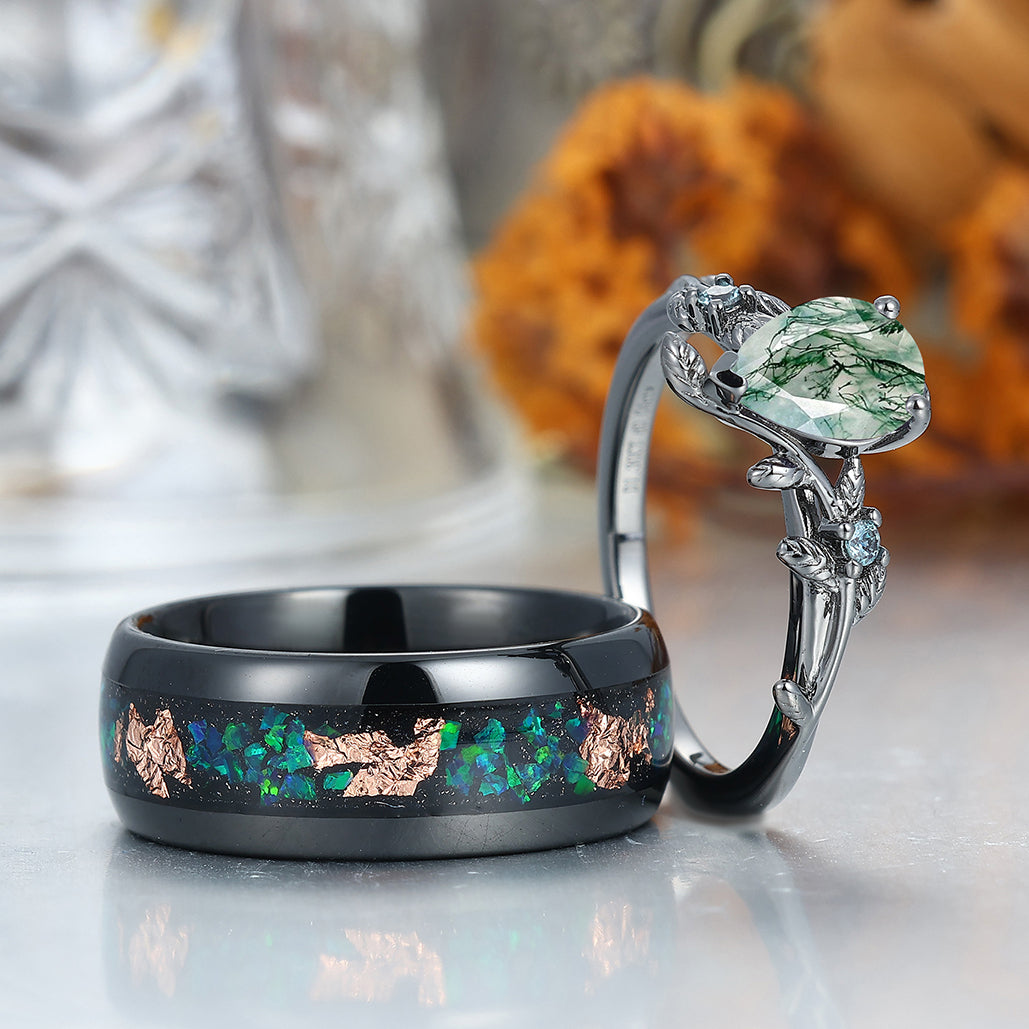 Classic Pear Emerald Leaves Vines Engagement Couple Rings Wedding Bands For Men And Women