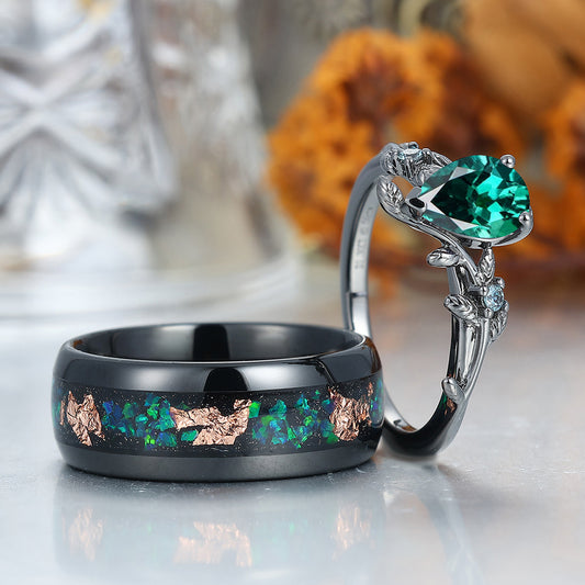 Classic Pear Lab Emerald Leaves Vines Engagement Couple Rings Wedding Bands For Men And Women