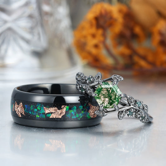 Moss Agate Couples Ring Set 925 Sterling Silver And Blue Tungsten Matching Ring