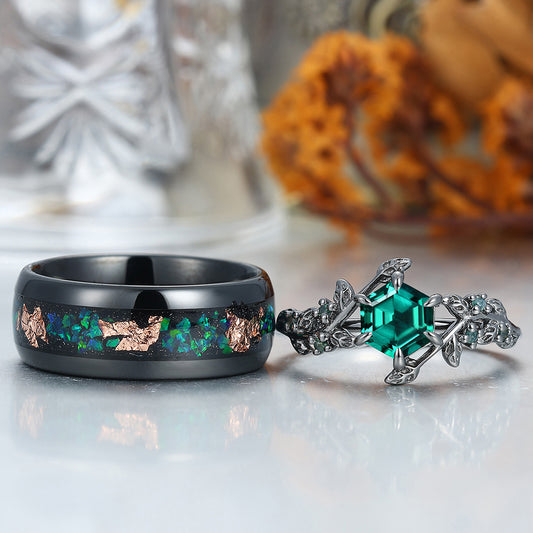 Lab Grown Emerald Couples Ring Set 925 Sterling Silver And Blue Tungsten Matching Ring