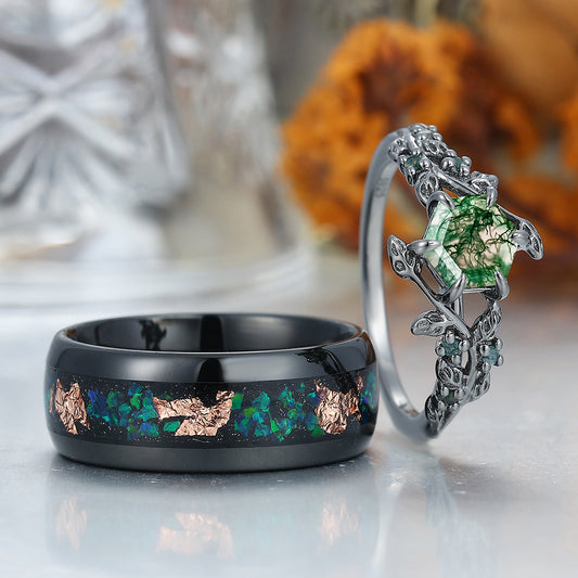 Moss Agate Couples Ring Set 925 Sterling Silver And Blue Tungsten Matching Ring